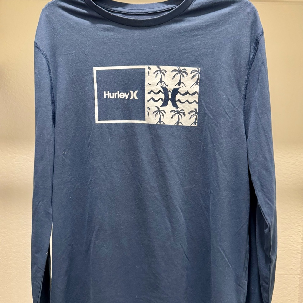 Hurley Mens L Long Sleeve Blue T Shirt with Palm Graphic